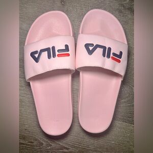 Fila Pink Drifter Slide Sandals with Navy and Red Logo Women’s 8